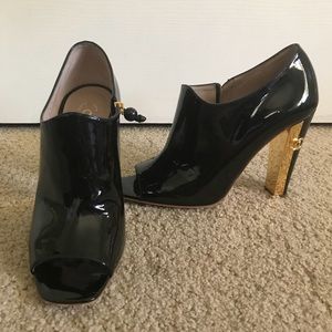 chanel peep toe patent leather booties